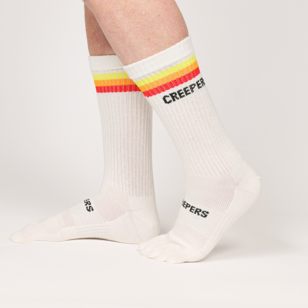 Creepers merino wool toe socks white with YOR yellow orange red stripes crew length